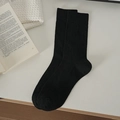 Japanese style black ribbed knee high socks in minimalist breathable cotton fabric - One Size / Black