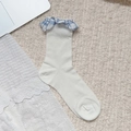 White ribbed mid-tube socks with blue plaid ruffle trim and sweet preppy style - Beige Plaid Lace
