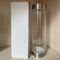 Minimalist glass water bottle with dual silver metal caps and tea infuser with white box - Large Mouth Single Cup (Without Sleeve) / 450ml