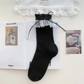 Chaussettes noires de style japonais avec dentelle blanche et petit nœud élégant - Taille unique / Noir