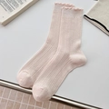 Pink mid-calf socks with ruffle trim and vertical ribbed knit texture for women - One Size / Pink