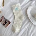 White frilly socks with mint blue bow detail and elegant lace ruffle edge for women - One Size / Creamy White