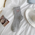 Japanese style grey lace socks with cute pink bow and sweet ruffled edges - One Size / Gray