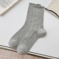 Chic light grey ruffled mid-calf socks with elegant vertical stripe hollow knit pattern - One Size / Gray