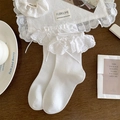 White Japanese ballet style lace socks with cute ribbon bows in a mid-calf length - One Size / White