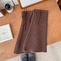Deep coffee knit leg warmers with ribbon bow ties and vertical ribbed texture - One Size / Dark Coffee