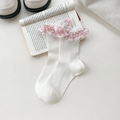 White Japanese crew socks with pink plaid ruffle trim and vertical ribbed knit texture - One Size / White Base Pink Bow