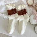 Calze bianche crema con bordo a volant, contrasto marrone e fiocco dolce - Taglia unica / Bianco