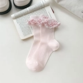 Calze rosa a metà polpaccio con volant in pizzo a scacchi e morbido cotone a coste - Taglia unica / Rosa