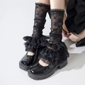 Gothic black lace leg warmers with layered ruffles and vintage floral mesh patterns - One Size / Black
