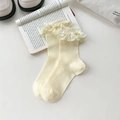 Beige knit mid-calf socks with delicate lace trim and vertical ribbed texture - One Size / Yellow