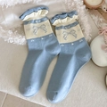 Blue and cream vintage ruffled socks with bow and cherry jacquard knit details - One Size / Blue