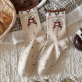 Milk tea cotton socks featuring cherry bow patterns and brown ruffled lace edges - Brown Polka Dot (YL5021)