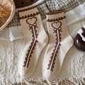 Sweet college style beige mid-calf socks with brown ruffle edge and heart pattern - Beige Big Heart (YL5021)