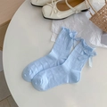 Light blue mesh socks with sweet ribbon bow and ruffled cuffs for a cute JK style - One Size / Blue