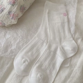 Chaussettes blanches en coton avec texture côtelée et décor de fleur rose - Taille unique / Blanc Blanchi