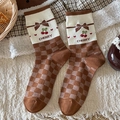 Vintage brown and white crew socks featuring cherry bow accents and checkerboard pattern - Brown Checkerboard (YL5021)