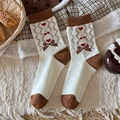 Sweet cream mid-calf socks with brown trim featuring cherry and bow embroidery - Cream Patchwork Cherry Heart (YL5021)