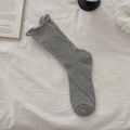 Light grey ribbed crew socks for women featuring elegant lettuce trim and cotton blend fabric - One Size / Dark Gray