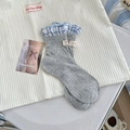 Sweet grey cotton socks featuring sky blue plaid ruffled edges and soft knit texture - One Size / Gray