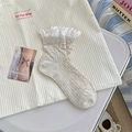 Sweet light grey crew socks with delicate white lace trim and heart label detail - One Size / Beige Khaki