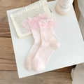 Chaussettes roses style ballet avec dentelle, nœuds en ruban et maille côtelée - Rose