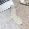 Creamy white lace trim socks featuring hollow knit mesh and a delicate ribbon bow accent - One Size / Cream White With Lace Bow Style