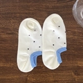 White cotton low cut ankle socks with black polka dots and blue heel accent - White and Blue