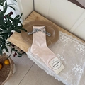 Pink mesh crew socks with floral bow and delicate lace ruffle edge detail - One Size / Pink