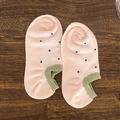 Women's low-cut cotton socks in light pink with red polka dots and olive green ribbed cuffs - Pink