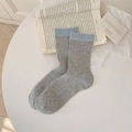 Japanese style light grey knit socks with light blue contrast cuff and ribbed texture - One Size / Dark Grey (Blue Contrast)