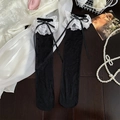 Sweet Lolita black high socks with white lace trim and black satin bow detail - One Size / Black