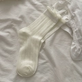 Creamy white knee high socks featuring lace ruffles and diamond patterns in mesh knit - White