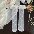 White Lolita lace socks featuring sweet heart patterns and satin ribbon bow details - One Size / White