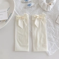 Lolita style cream white thin sheer socks featuring elegant silk bowknot decorations - Big Bow White