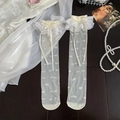 Sweet cream white Lolita lace socks with heart patterns and silk bow decoration - One Size / Beige