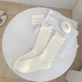 Calze a coste beige con bordo in pizzo rosa chiaro per uno stile minimalista - Taglia unica / Base Bianca Fiocco Rosa