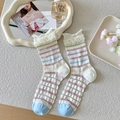White crew socks with colorful stripes, pink hearts and ruffled cuffs for women - One Size / Double Cuff