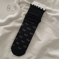 Breathable black mesh socks with grey bow patterns and delicate ruffle trim edge - Black