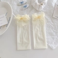 Lolita style semi-sheer mesh knee-high socks with oversized cream white bows - Organza Bow Gray