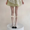 White Lolita lace tights featuring butterfly heart patterns and ribbon bows for women - One Size / Beige