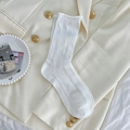 White crew socks with heart mesh hollow knit pattern and rolled cuffs in Japanese style - One Size / White