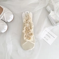 Beige ballet style lace socks with delicate ruffles and ribbon bow for Mary Janes - One Size / Beige
