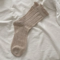 Beige mid-calf socks with lace trim and hollow diamond pattern for women summer wear - Brown