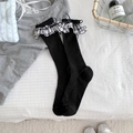 Schwarze Rippstrümpfe im Ballet-Stil mit Karospitze und Schleifendetail für Damen - Einheitsgröße / Schwarz