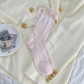 Pale pink crew socks with hollow heart pattern and minimalist rolled edge design - One Size / Pink