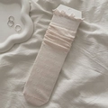 Lace ruffle trim socks with bow jacquard pattern in soft apricot pink color - Pink