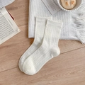 Milk white cotton crew socks with scalloped lace edges and hollow knit patterns - One Size / White