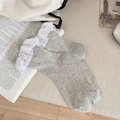 Light gray hollow mesh crew socks with white lace trim in a vintage cottagecore style - One Size / Gray