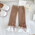 Ballet-style khaki ribbed leg warmers with delicate white lace and pink satin bows - Light Coffee